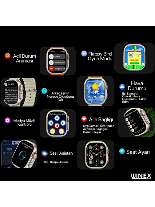 Winex 2023 Watch 8 Pro Max Android - iOS Uyumlu Amoled Ekran Akıllı Saat Siyah