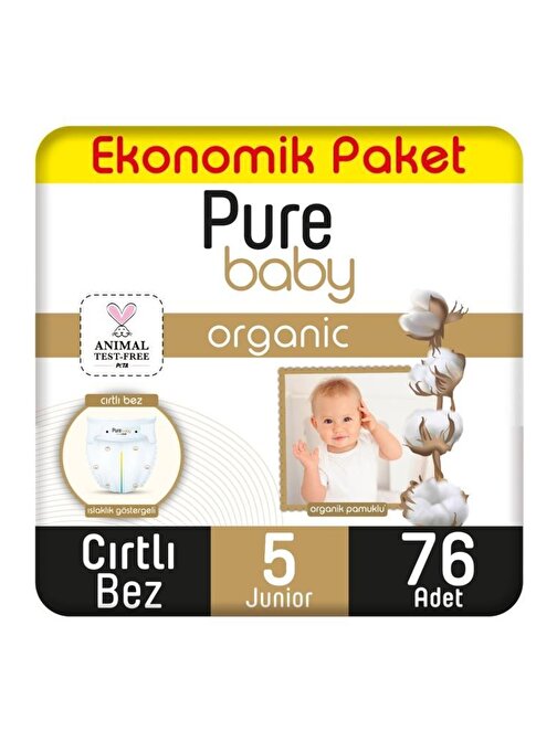 Pure Baby Organik Pamuklu Cırtlı 11 - 18 kg 5 Numara Ekonomik Paket Bebek Bezi 76 Adet