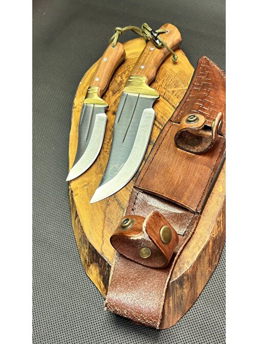 Alsepeteavm 2'Li El Yapımı Dövme Avcı Bıçağı Seti Orjinal Deri Kılıflı