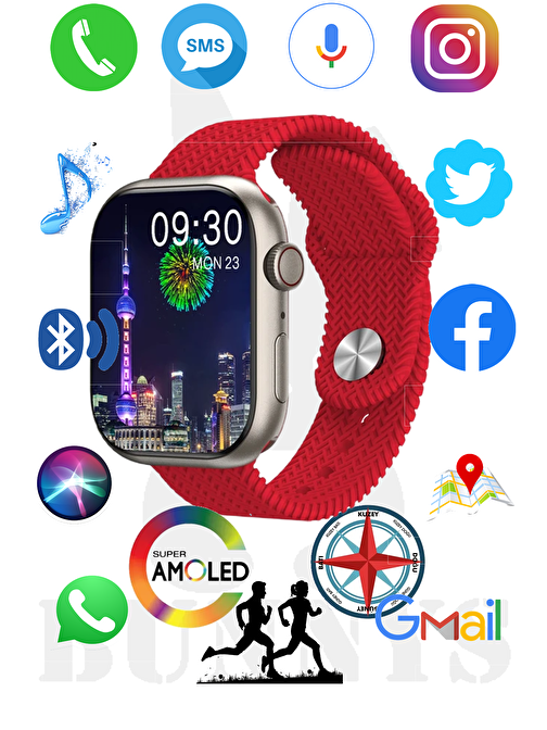 Rabbit Store Watch 9 Pro Samsung Galaxy A30S Uyumlu 45 mm Bluetooth Konuşma Özellikli Amoled Ekran Akıllı Saat Kırmızı