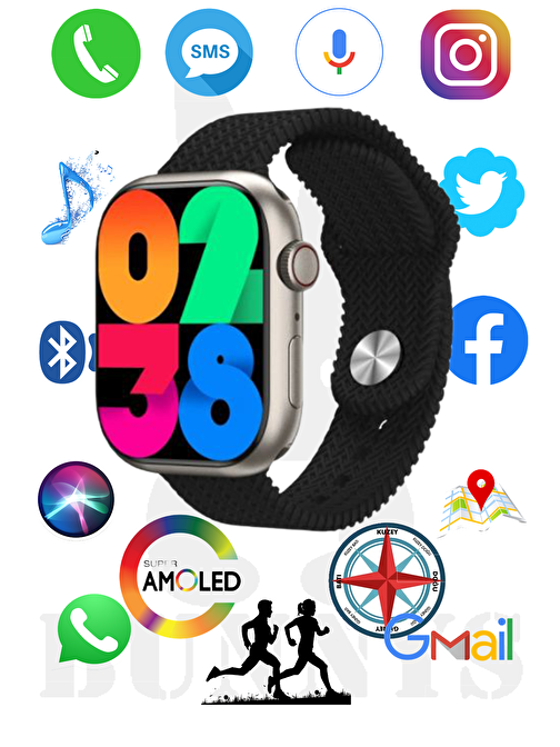 Rabbit Store Watch 9 Pro Apple iPhone 7 Uyumlu 45 mm Bluetooth Konuşma Özellikli Amoled Ekran Akıllı Saat Siyah