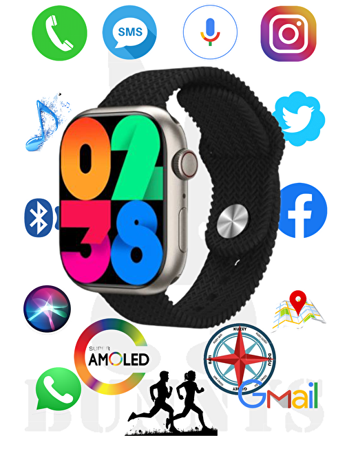 Bunnys Watch 9 Pro Apple iPhone 11 Pro Max Uyumlu 45 mm Bluetooth Konuşma Özellikli Amoled Ekran Akıllı Saat Siyah