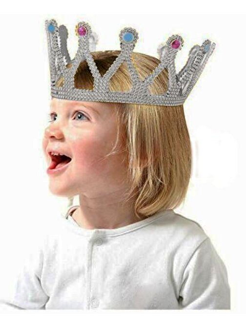 Gümüş Renk Çocuk ve Yetişkin Uyumlu Kraliçe Tacı Prenses Tacı 8 x 25 cm