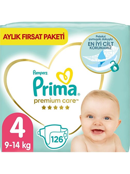 Prima Premium Care 9 - 14 kg 4 Numara Aylık Fırsat Paketi Bebek Bezi 126 Adet