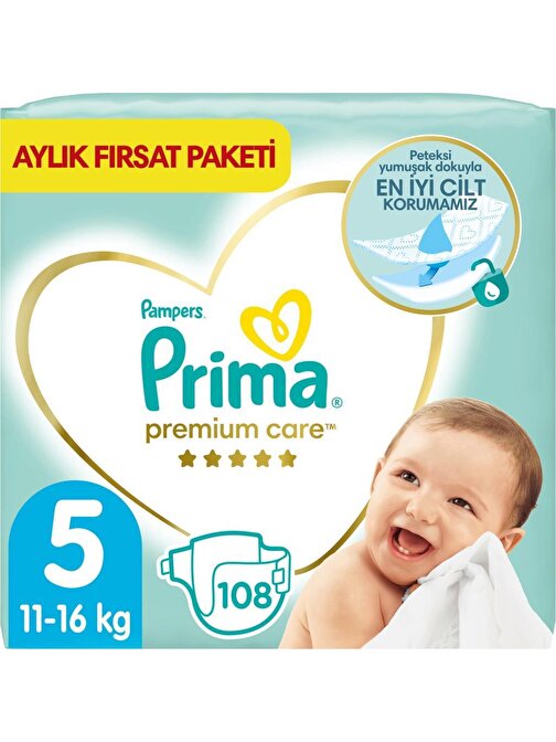 Prima Premium Care 11 - 16 kg 5 Numara Aylık Fırsat Paketi Bebek Bezi 108 Adet