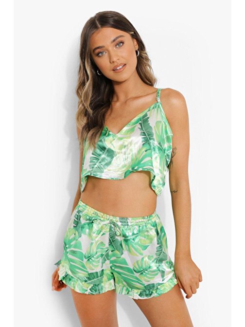 Kadın Yeşil Desenli Alt Üst Şortlu Pijama Takımı