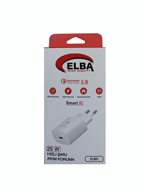 Elba Elb01-25Wpd Beyaz 25W Şarj Kafa Type Usb-C Pd3.0-Qc4.0Akım Koruma-Hızlı Şarj-Isıya Dayanıklı