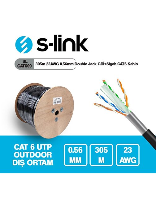 S-Link Sl-Cat609 305M 23Awg 0.56Mm Cca Double Jack Gri+Siyah