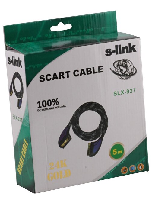 S-link SLX-937 Scart To Scart 5mt Gold Kılıflı Kablo