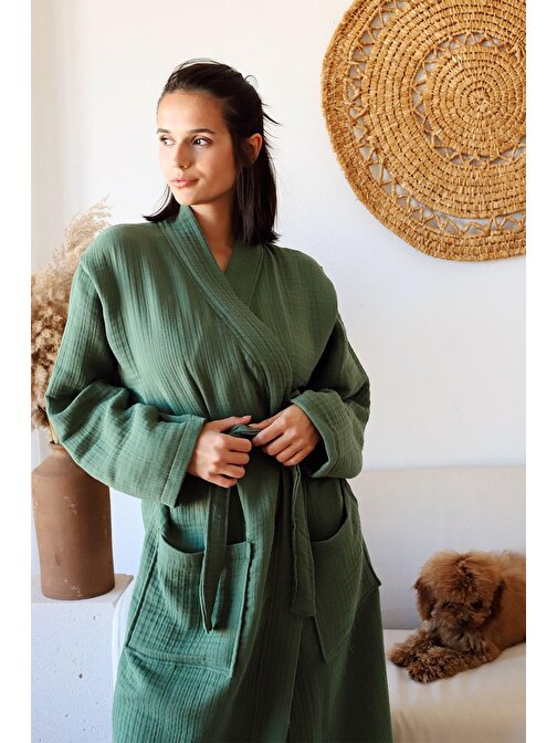 Vivamaison Vivamaison Yetişkin Kimono Bornoz, %100 Pamuk 4 Kat Multi Müslin Koyu Yeşil S / M