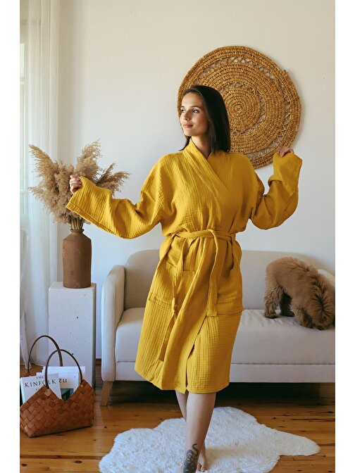 Vivamaison Vivamaison Yetişkin Kimono Bornoz, %100 Pamuk 4 Kat Multi Müslin Hardal L / Xl