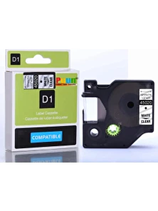 Puun Dymo Labelmanager Serisi Elektronik Etiketleme Makinesi D1 45020 S0720600 12MM x 7 Mt. Muadil Şeffaf Etikete Beyaz Yazı Şerit Etiket Kaseti