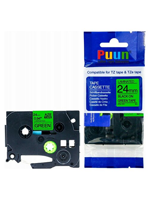 Puun Brother P-Touch Tze-D51 24Mm X 8M Fosforlu Yeşil Green Üzerine Siyah Muadil Laminasyon Etiket Şeridi