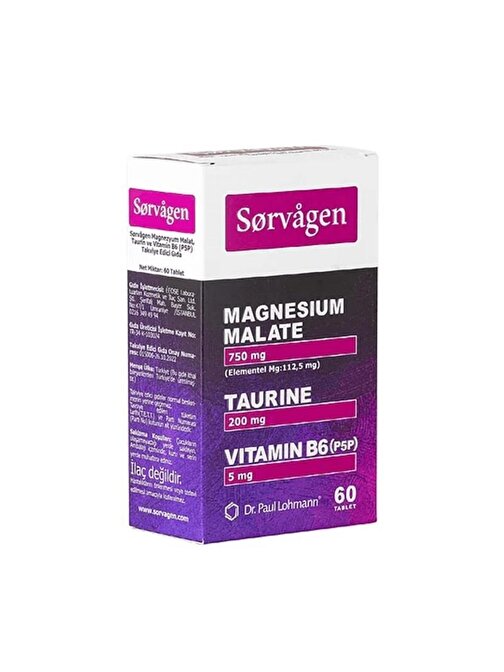 Sorvagen Magnezyum Malat, Taurin Ve Vtiamin B6 İçeren Takviye Edici Gıda 60 Tablet