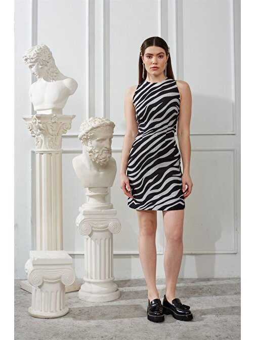 Naar Sıfır Yaka Sırt Detaylı Kolsuz Zebra Kadın Elbise 23161103