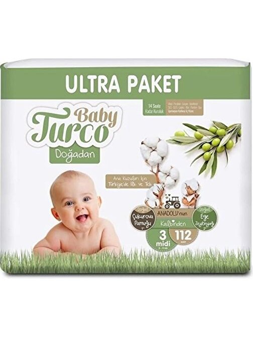 Baby Turco Doğadan 5 - 9 kg 3 Numara Midi Ultra Paket Bebek Bezi 112 Adet