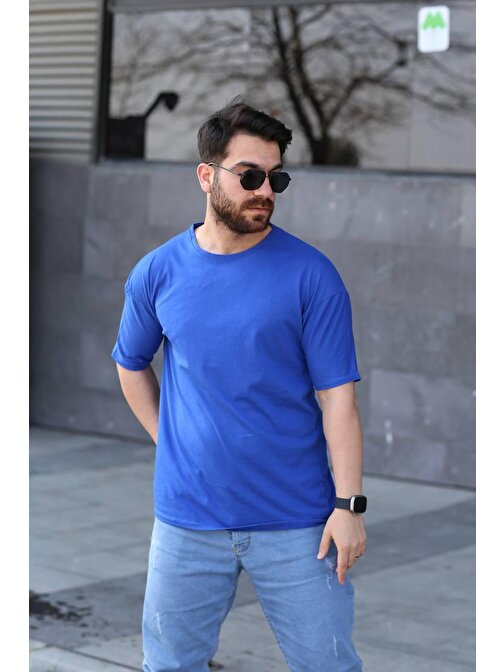 Saks Mavi Oversize Bisiklet Yaka %100 Pamuk T-Shirt