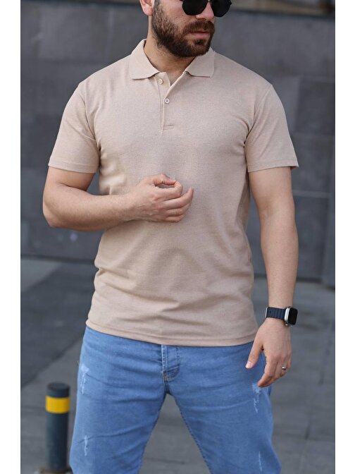 Bej Polo Yaka Slim Fit %100 Pamuk T-Shirt