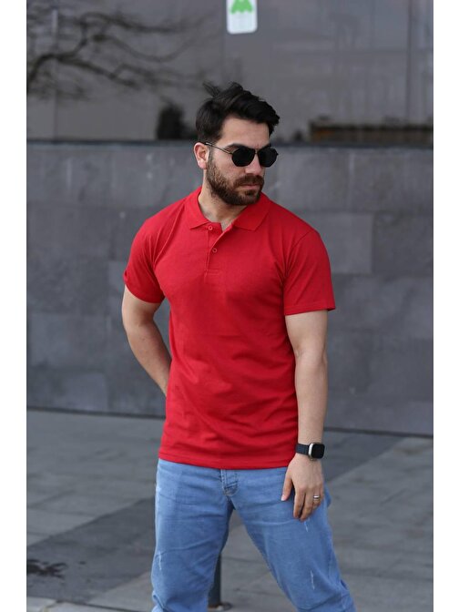Kırmızı Polo Yaka Slim Fit %100 Pamuk T-Shirt