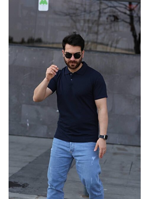 Lacivert Polo Yaka Slim Fit %100 Pamuk T-Shirt