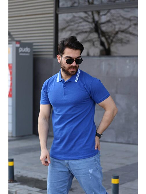 Saks Mavi Polo Yaka Slim Fit %100 Pamuk T-Shirt