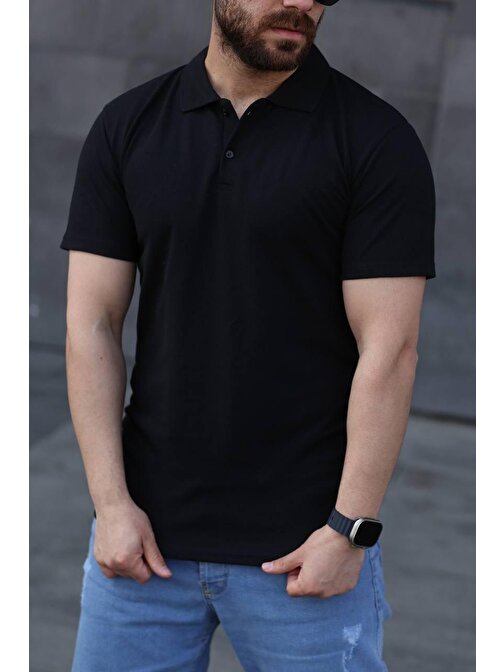 Siyah Polo Yaka Slim Fit %100 Pamuk T-Shirt