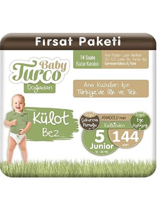 Baby Turco Doğadan Külot 11 - 18 kg 5 Numara Bebek Bezi 144 Adet