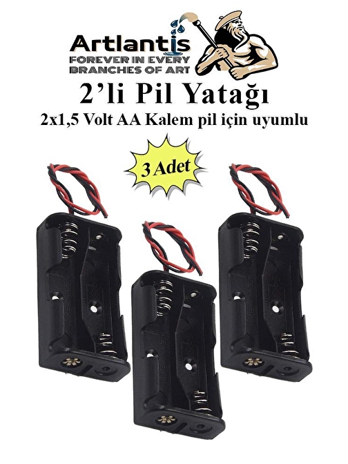 Artlantis 2'li Pil Yatağı Deney 3 Adet Pil Yuvası Pil Kutusu Aa Kalem Kalın Pil 2X15 Volt Yaylı Pil Yuvası