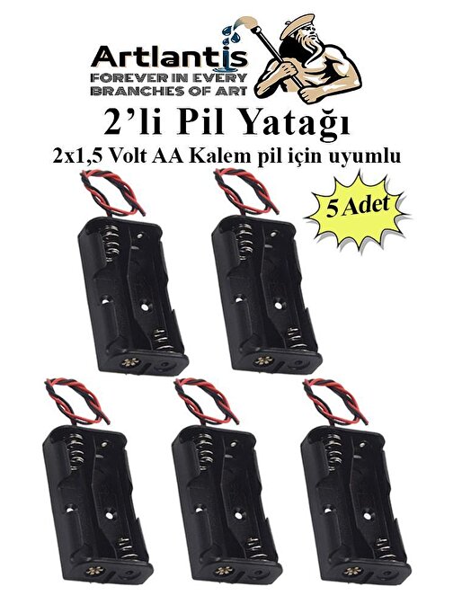 Artlantis 2'li Pil Yatağı Deney 5 Adet Pil Yuvası Pil Kutusu Aa Kalem Kalın Pil 2X15 Volt Yaylı Pil Yuvası