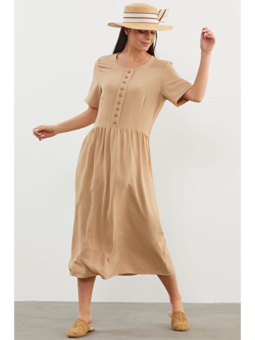 Geniş Beden Belden Büzgülü Krep Elbise - Bej