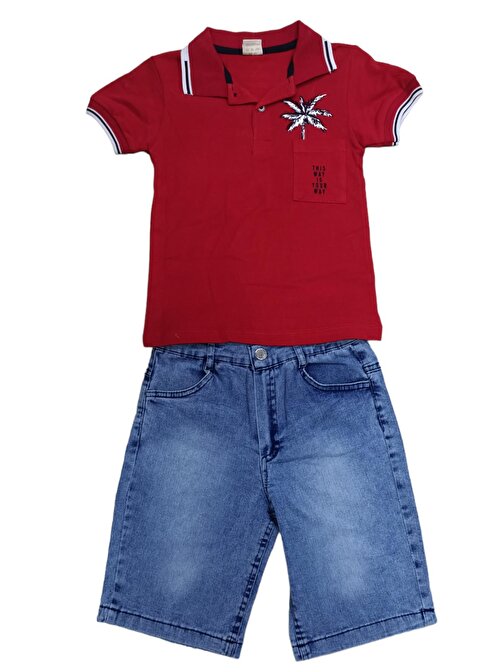 Erkek Çocuk Polo Yaka Tişört Kot Şort Takımı Kırmızı