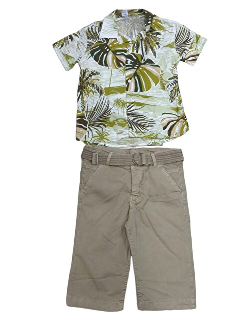 Erkek Çocuk Palmiye Desenli Gömlek Keten Kapri Takımı