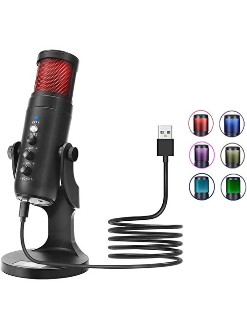 Coverzone MIC-PW9 RGB Ledli USB Ses Kontrolü Tak Çalıştır Kondenser Kablolu Masaüstü Mikrofon