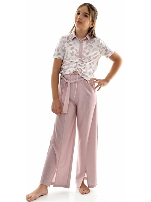 Kız Çocuk Büzgülü Tişört Bol Paça Pantolonlu Takım