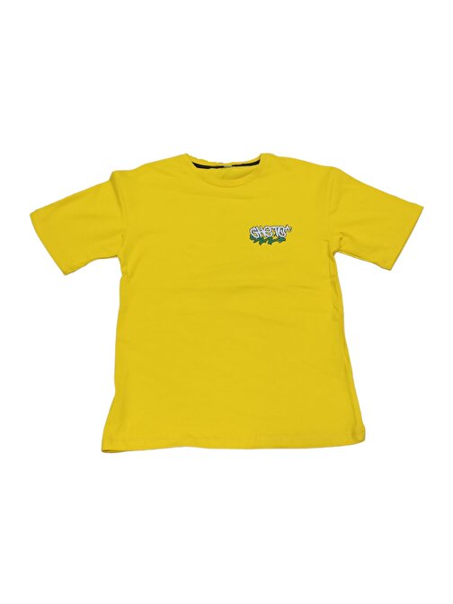 Erkek Çocuk/Kız Çocuk Çift Taraf Gheto Yazı Ayıcık Desenli Oversize Tişört Sarı
