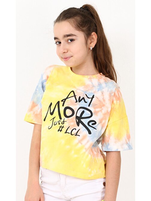 Kız Çocuk Any More Yazı Desenli Batik Crop Tişört Sarı