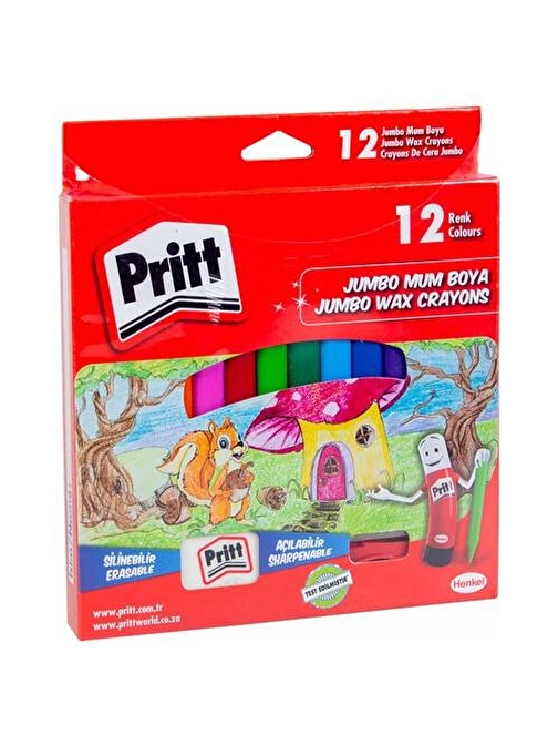 Pritt Jumbo Kalemtraş ve Silgi Hediyeli Silinebilir Çevirmesiz Kalem Mum Boya 12 Renk