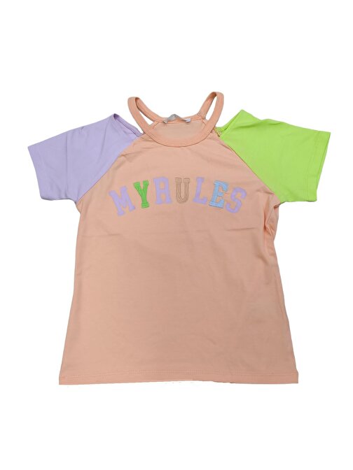 Kız Çocuk My Rules Yazı Desenli Renk Bloklu Tişört Turuncu