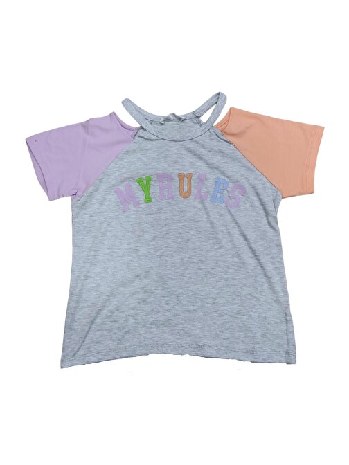 Kız Çocuk My Rules Yazı Desenli Renk Bloklu Tişört Gri