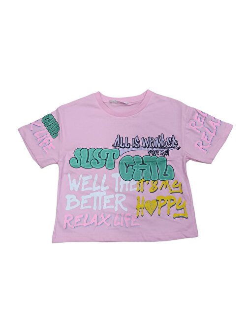 Kız Çocuk Just Chill Yazı Desenli Crop Tişört Pembe
