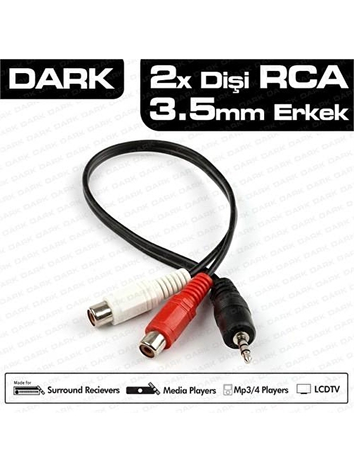 Dark 3.5Mm Stereo Erkek - 2 X Rca Dişi Analog Ses Dönüştürücü Kablo