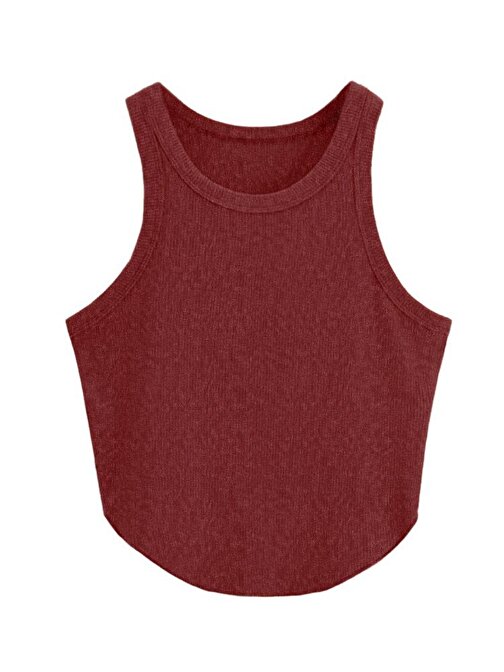 Liona Kadın Oval Etekli Melanj Bordo Renk Bisiklet Yaka Crop Top Bluz