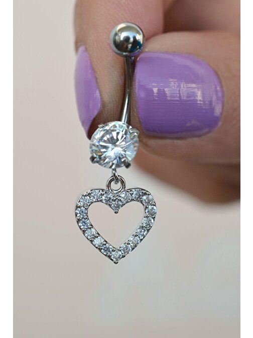 Çelik Kalp Sallantılı Göbek Piercingi Gümüş Renkli