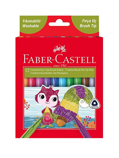 Faber Castell Jumbo Keçeli Kalem 12 Renk Fırça Uçlu 12 li Keçeli Kalem Yıkanabilir Jumbo Canlı Renkler