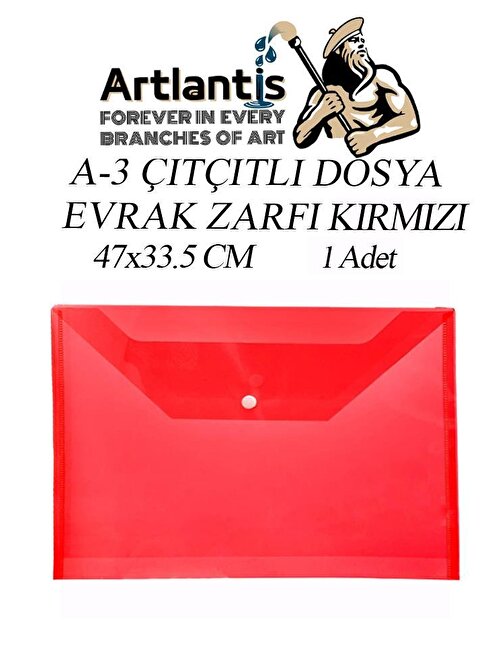 Artlantis Transparan A3 Büyük Boy Çıtçıtlı Zarf Dosya Kırmızı 1 Adet 47x33.5 cm