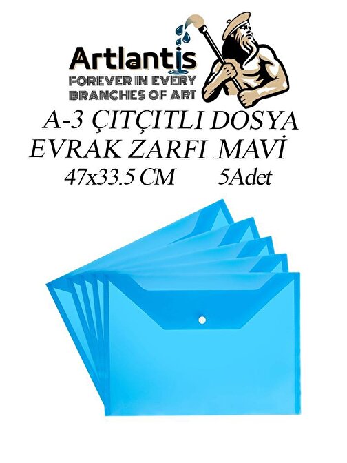 Artlantis Transparan A3 Büyük Boy Çıtçıtlı Zarf Dosya Mavi 5 Adet 47x33.5 cm