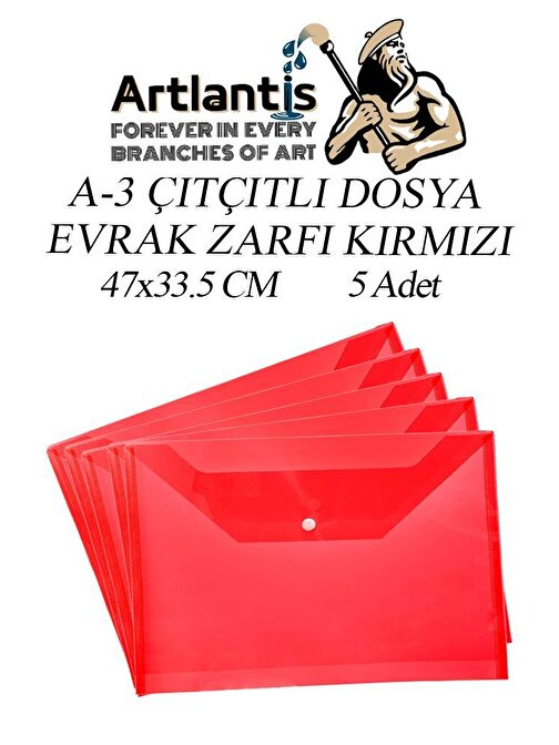 Artlantis Transparan A3 Büyük Boy Çıtçıtlı Zarf Dosya Kırmızı 5 Adet 47x33.5 cm