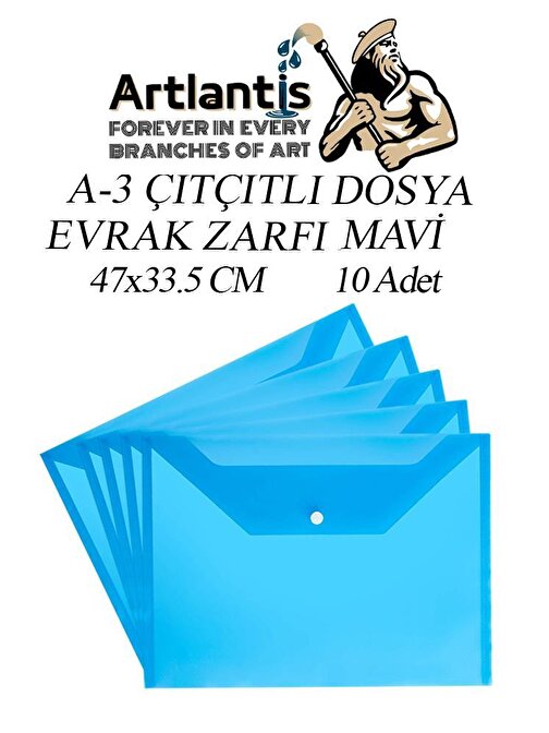 Artlantis Transparan A3 Büyük Boy Çıtçıtlı Zarf Dosya Mavi 10 Adet 47x33.5 cm