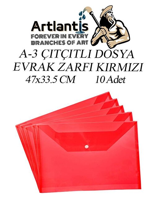 Artlantis Transparan A3 Büyük Boy Çıtçıtlı Zarf Dosya Kırmızı 10 Adet 47x33.5 cm