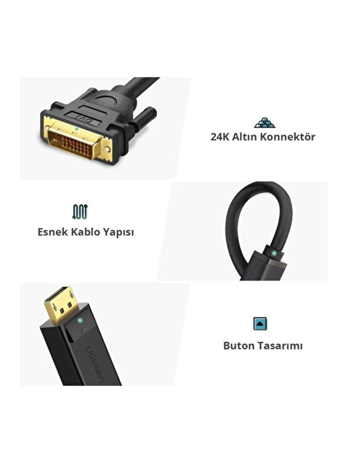 Ugreen Display Port Erkek To Dvı 24+1 Erkek 1.5M Görüntü Aktarma Kablosu Siyah